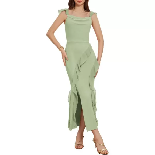 GRACE KARIN Womens Cowl Neck Sleeveless Ruffled Fishtail Dress High Slit Bodycon Cocktail Party Maxi DressLight Green