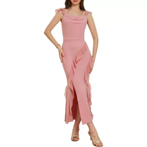 GRACE KARIN Womens Cowl Neck Sleeveless Ruffled Fishtail Dress High Slit Bodycon Cocktail Party Maxi DressLight Pink