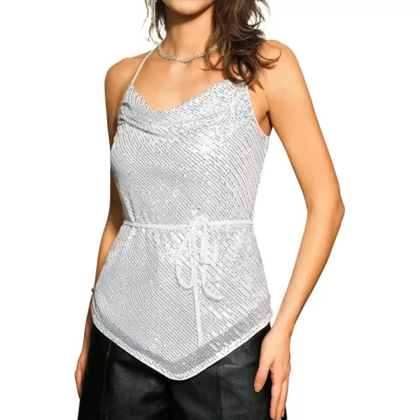 GRACE KARIN Womens Cowl Neck Sparkly Sequin Tops Strappy Cocktail Party Tank Tops Going Out Camisole Tops Dressy VestSilver