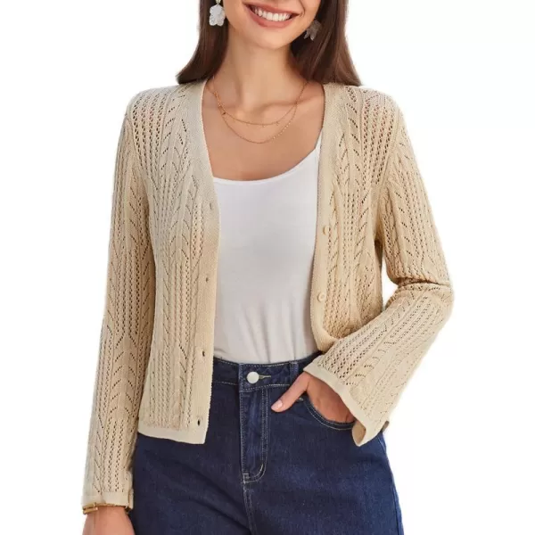 GRACE KARIN Womens Cropped Cardigan Lightweight Crochet Open Front Shrug Sweater Hollow Out V Neck Button Up Bolero Knit TopApricot