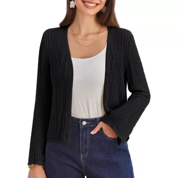 GRACE KARIN Womens Cropped Cardigan Lightweight Crochet Open Front Shrug Sweater Hollow Out V Neck Button Up Bolero Knit TopBlack