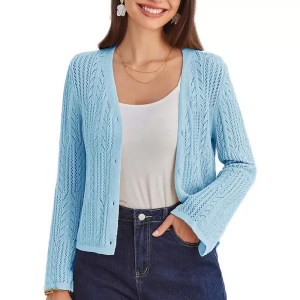 GRACE KARIN Womens Cropped Cardigan Lightweight Crochet Open Front Shrug Sweater Hollow Out V Neck Button Up Bolero Knit TopLight Blue