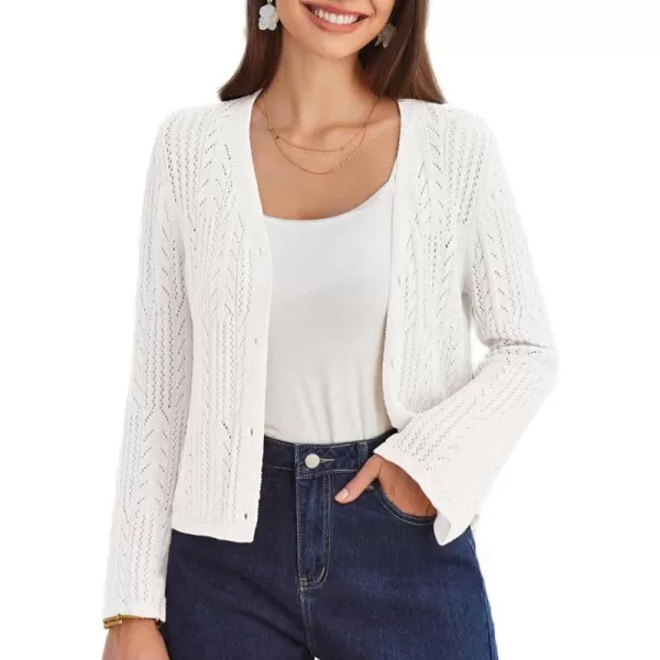 GRACE KARIN Womens Cropped Cardigan Lightweight Crochet Open Front Shrug Sweater Hollow Out V Neck Button Up Bolero Knit TopWhite