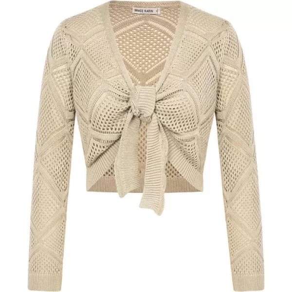 GRACE KARIN Womens Cropped Cardigan Long Sleeve Tie Front Crochet Knitted Bolero Shrug Cardigan SweaterApricot