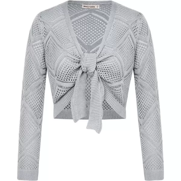 GRACE KARIN Womens Cropped Cardigan Long Sleeve Tie Front Crochet Knitted Bolero Shrug Cardigan SweaterLight Grey