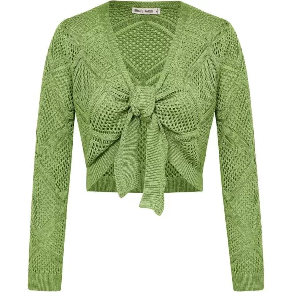 GRACE KARIN Womens Cropped Cardigan Long Sleeve Tie Front Crochet Knitted Bolero Shrug Cardigan SweaterYellow Green