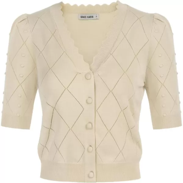 GRACE KARIN Womens Cropped Cardigan Puff Short Sleeve Sweaters Tops VNeck Button KnitwearBeige