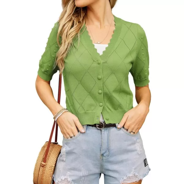 GRACE KARIN Womens Cropped Cardigan Puff Short Sleeve Sweaters Tops VNeck Button KnitwearGreen