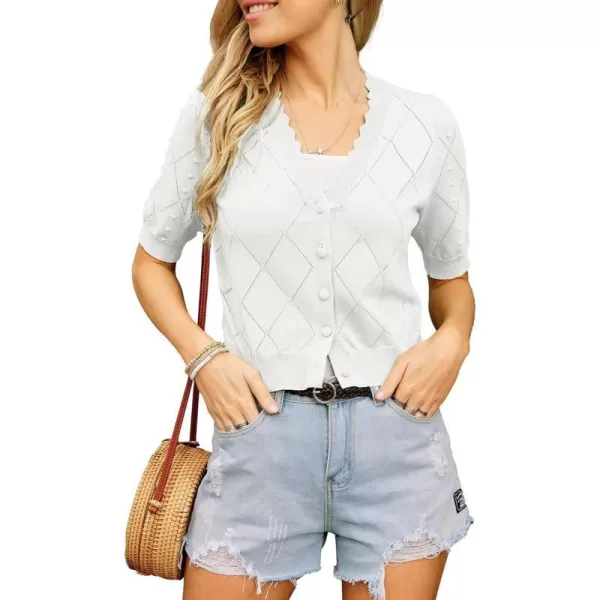 GRACE KARIN Womens Cropped Cardigan Puff Short Sleeve Sweaters Tops VNeck Button KnitwearWhite