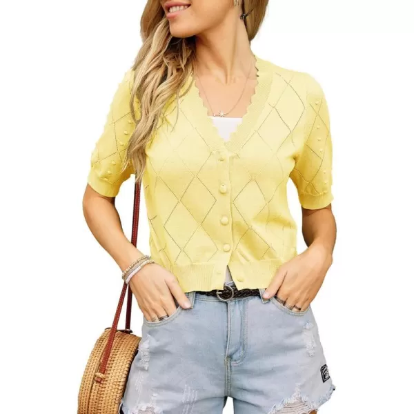 GRACE KARIN Womens Cropped Cardigan Puff Short Sleeve Sweaters Tops VNeck Button KnitwearYellow