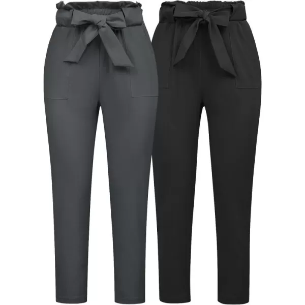 GRACE KARIN Womens Cropped Paper Bag Waist Pants with Pockets2pc Set Black amp Charcoal