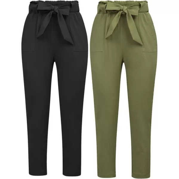 GRACE KARIN Womens Cropped Paper Bag Waist Pants with Pockets2pc Setblack amp Army Green