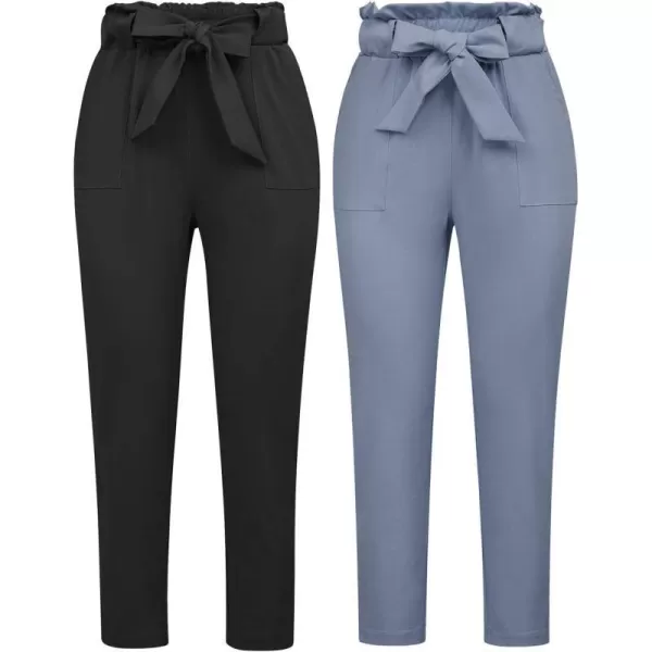 GRACE KARIN Womens Cropped Paper Bag Waist Pants with Pockets2pc Setblack amp Bluegray