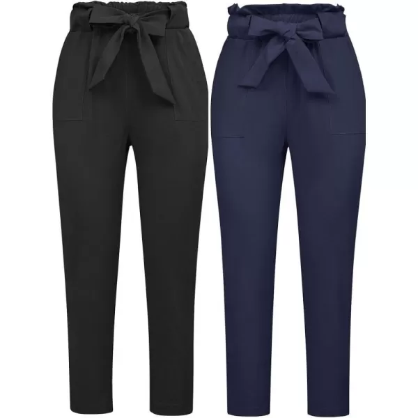 GRACE KARIN Womens Cropped Paper Bag Waist Pants with Pockets2pc Setblack amp Navy Blue