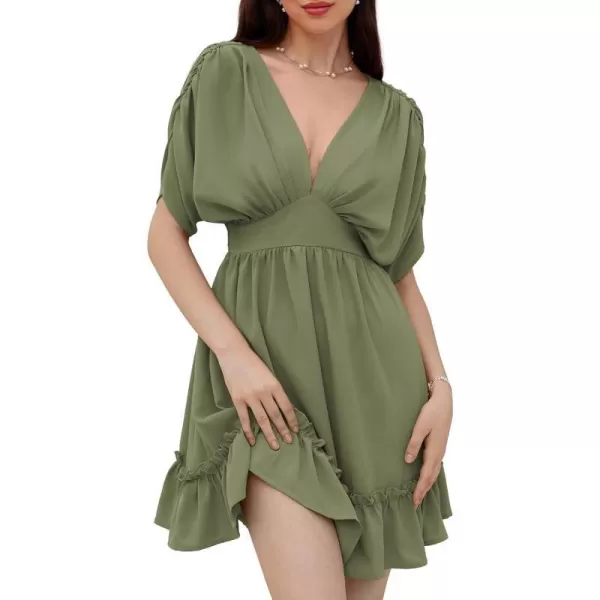 GRACE KARIN Womens Deep V Neck Flowy Mini Dress Ruffle Swing Tiered Smocked High Waist Batwing Summer Short DressArmy Green