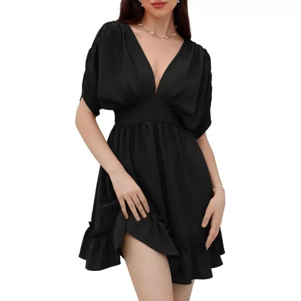 GRACE KARIN Womens Deep V Neck Flowy Mini Dress Ruffle Swing Tiered Smocked High Waist Batwing Summer Short DressBlack