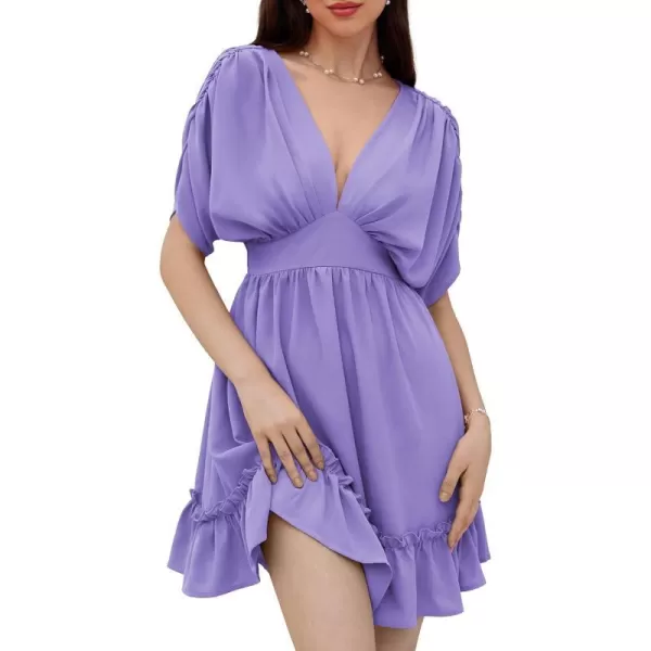 GRACE KARIN Womens Deep V Neck Flowy Mini Dress Ruffle Swing Tiered Smocked High Waist Batwing Summer Short DressPurple