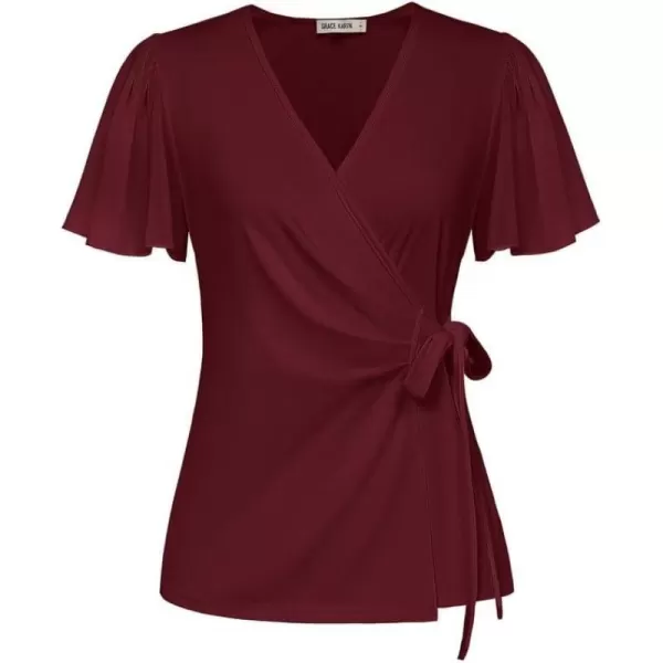 GRACE KARIN Womens Dressy Tops Flowing Chiffon Short Sleeve Blouses 2024 Summer Blouses V Neck Wrap Business Work Shirts TopsBurgundy