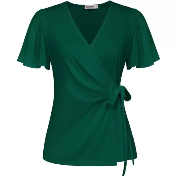 GRACE KARIN Womens Dressy Tops Flowing Chiffon Short Sleeve Blouses 2024 Summer Blouses V Neck Wrap Business Work Shirts TopsDark Green