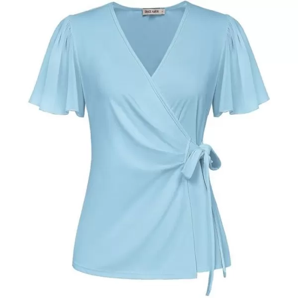 GRACE KARIN Womens Dressy Tops Flowing Chiffon Short Sleeve Blouses 2024 Summer Blouses V Neck Wrap Business Work Shirts TopsLight Blue