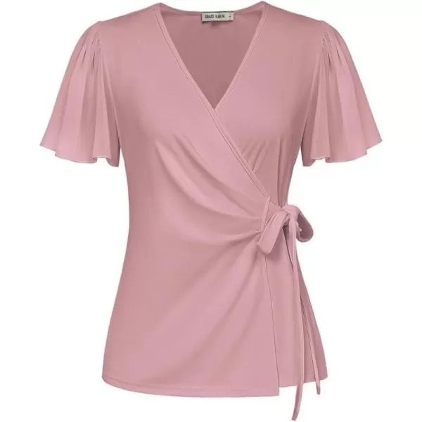 GRACE KARIN Womens Dressy Tops Flowing Chiffon Short Sleeve Blouses 2024 Summer Blouses V Neck Wrap Business Work Shirts TopsPink