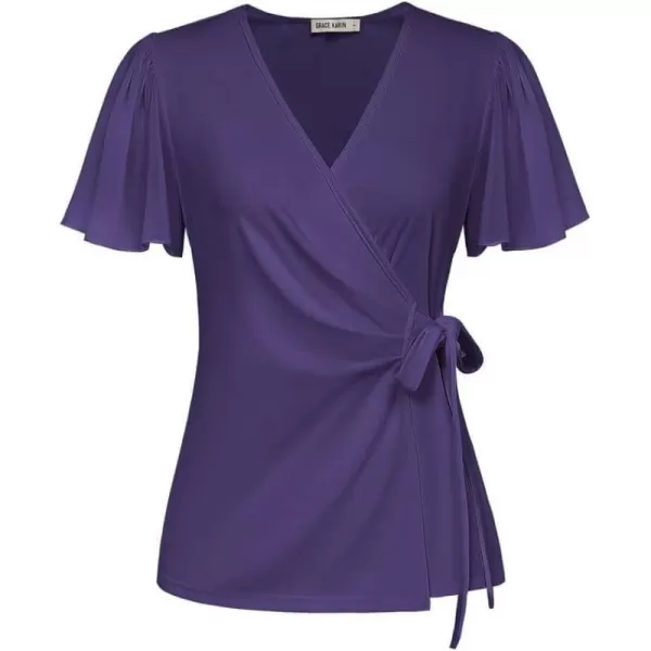 GRACE KARIN Womens Dressy Tops Flowing Chiffon Short Sleeve Blouses 2024 Summer Blouses V Neck Wrap Business Work Shirts TopsPurple