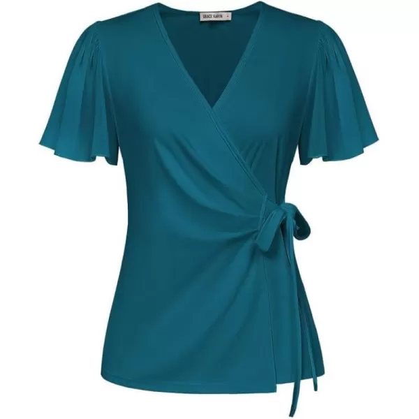 GRACE KARIN Womens Dressy Tops Flowing Chiffon Short Sleeve Blouses 2024 Summer Blouses V Neck Wrap Business Work Shirts TopsRoyal Blue