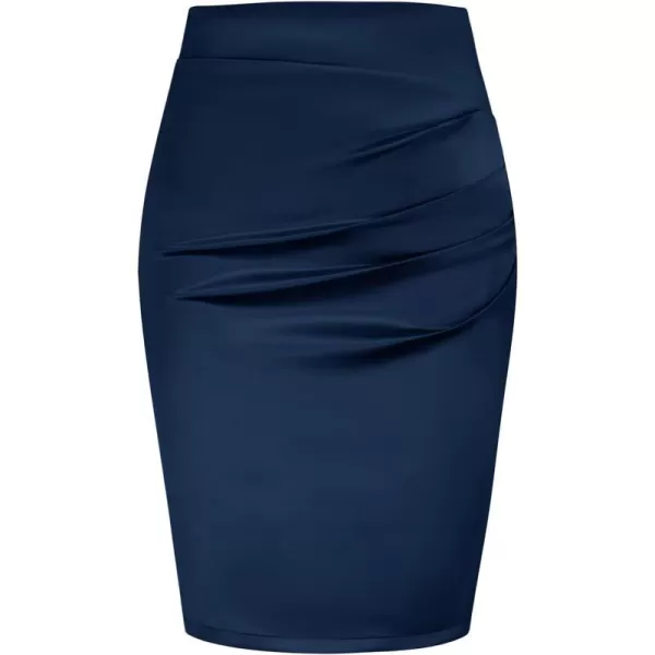 GRACE KARIN Womens Elegant Ruched Skirts Satin Knee Length Slim Fit Business SkirtNavy Blue