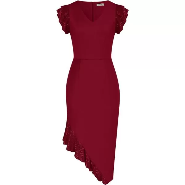 GRACE KARIN Womens Elegant Sequin Party Dress V Neck Flutter Sleeve Irregular Hem Cocktail Midi Bodycon DressesWine Red