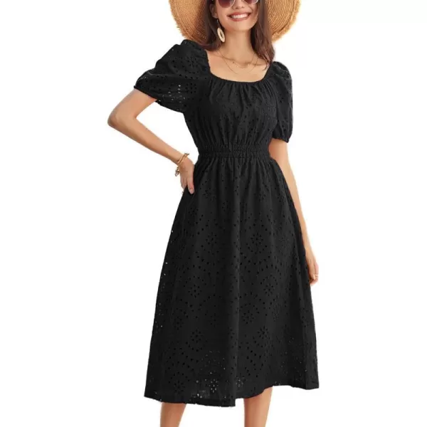 GRACE KARIN Womens Eyelet Dresses Summer Square Neck Short Puff Sleeve Casual A Line Boho Midi DressBlack