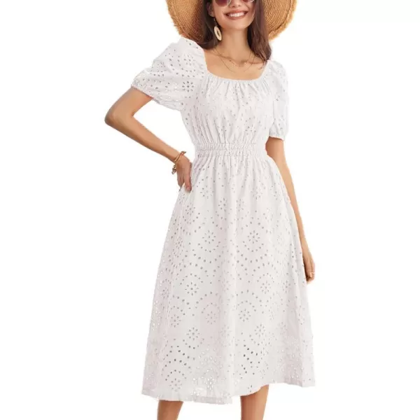 GRACE KARIN Womens Eyelet Dresses Summer Square Neck Short Puff Sleeve Casual A Line Boho Midi DressWhite