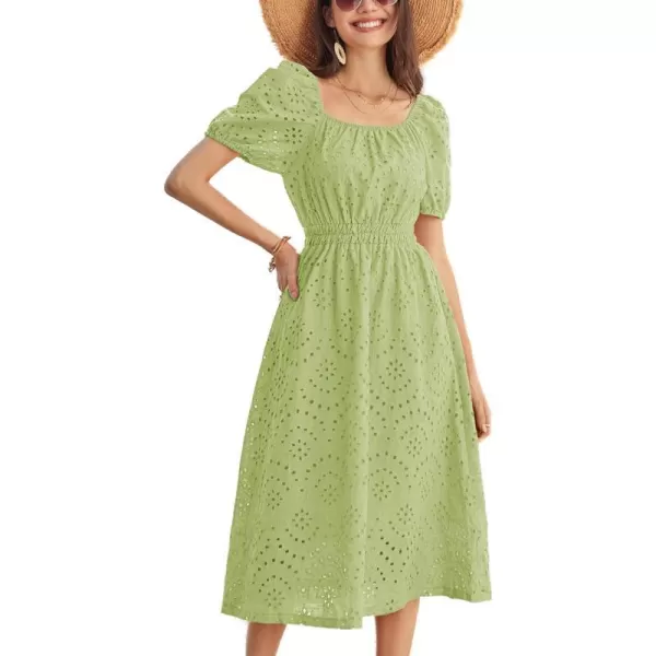 GRACE KARIN Womens Eyelet Dresses Summer Square Neck Short Sleeve Casual A Line Boho Midi DressGreen