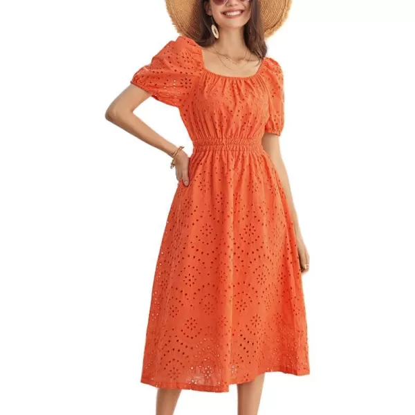 GRACE KARIN Womens Eyelet Dresses Summer Square Neck Short Sleeve Casual A Line Boho Midi DressOrange