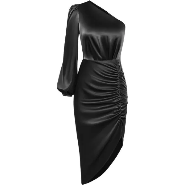 GRACE KARIN Womens Fall One Shoulder Long Sleeve Ruched Bodycon Midi Long Satin Formal Cocktail DressBlack