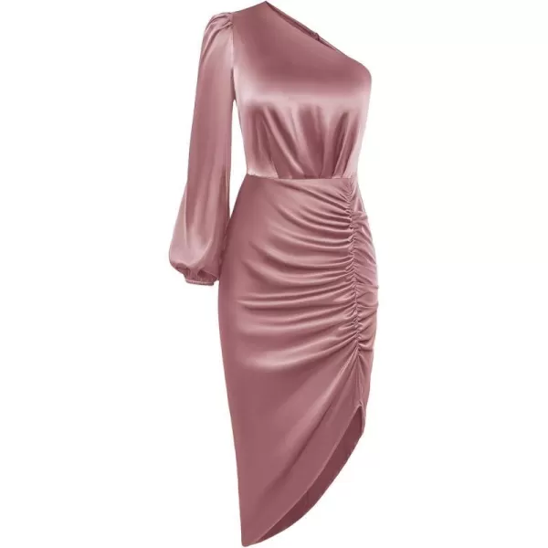 GRACE KARIN Womens Fall One Shoulder Long Sleeve Ruched Bodycon Midi Long Satin Formal Cocktail DressDark Pink