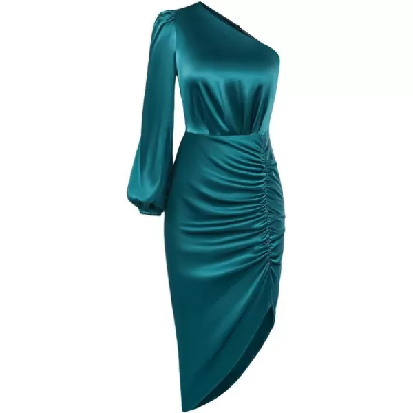 GRACE KARIN Womens Fall One Shoulder Long Sleeve Ruched Bodycon Midi Long Satin Formal Cocktail DressLake Blue