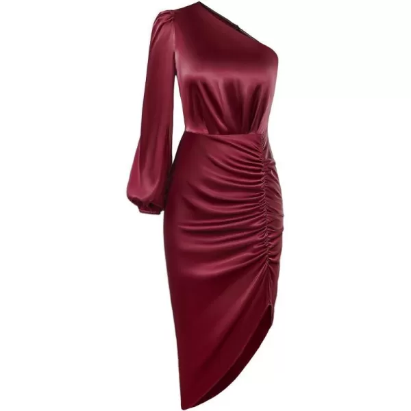 GRACE KARIN Womens Fall One Shoulder Long Sleeve Ruched Bodycon Midi Long Satin Formal Cocktail DressWine