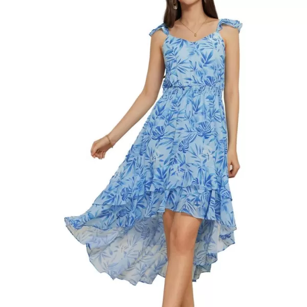 GRACE KARIN Womens Floral Dress 2024 Summer Sleeveless V Neck High Low Hem Tiered Ruffle Flowy Midi SundresseBlue Leaves