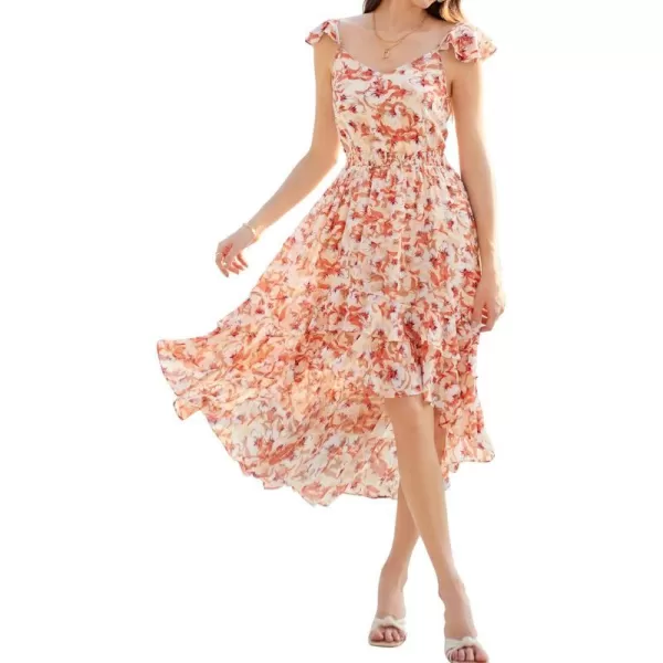 GRACE KARIN Womens Floral Dress 2024 Summer Sleeveless V Neck High Low Hem Tiered Ruffle Flowy Midi SundresseOrange Flowers