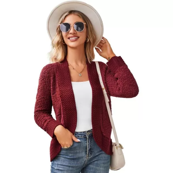 GRACE KARIN Womens Fuzzy Popcorn Long Sleeve Cardigans Soft Knit Open Front Sweater CoatRed