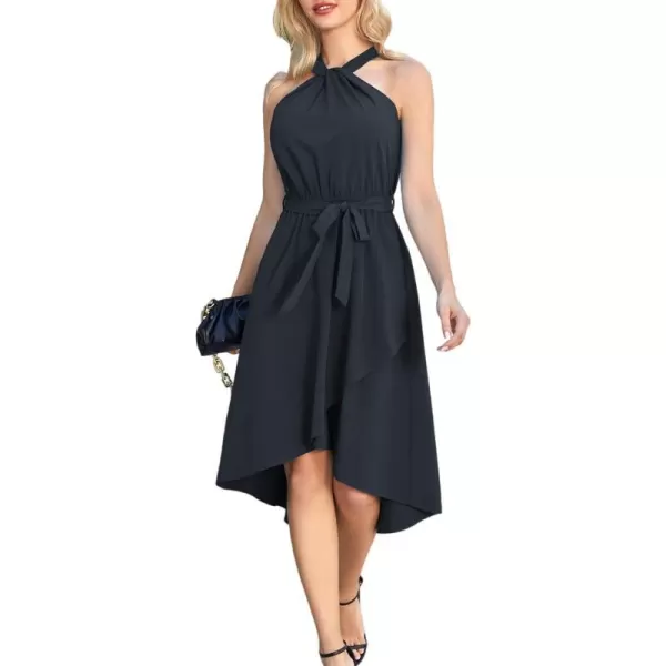 GRACE KARIN Womens Halter Dress Summer 2023 Wedding Guest Dress High Low A Line Midi Dress with Belt Pocket Party DressDark Navy Blue