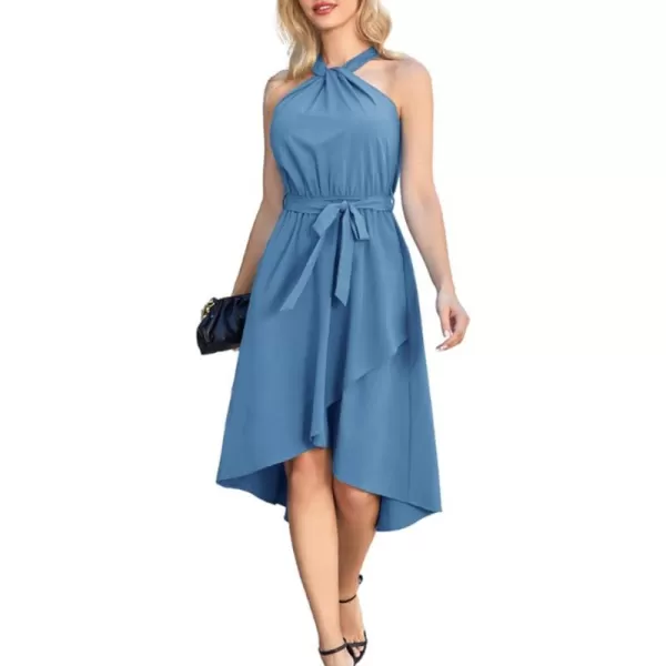 GRACE KARIN Womens Halter Dress Summer 2023 Wedding Guest Dress High Low A Line Midi Dress with Belt Pocket Party DressHaze Blue