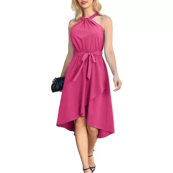 GRACE KARIN Womens Halter Dress Summer 2023 Wedding Guest Dress High Low A Line Midi Dress with Belt Pocket Party DressRose Red