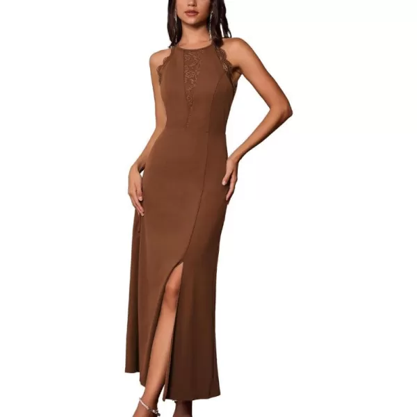 GRACE KARIN Womens Halter Dresses Lace Pathwork Sleeveless Party Dress Side Slit Cocktail Maxi DressBrown