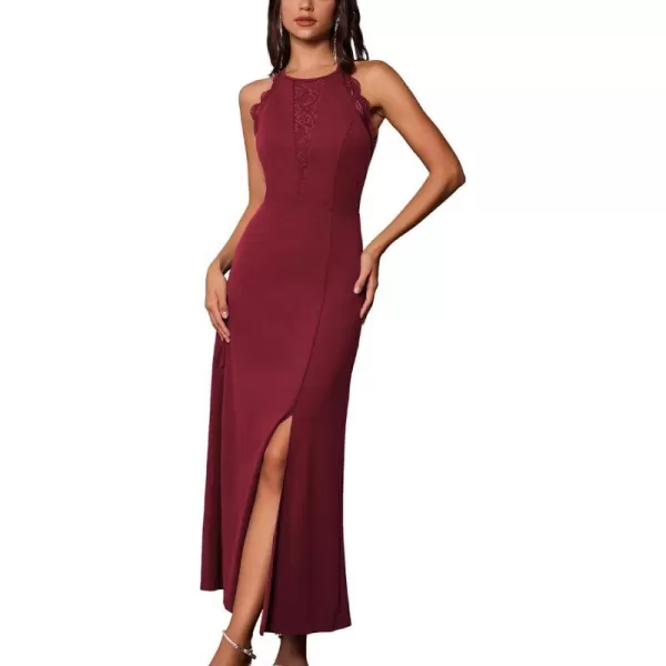 GRACE KARIN Womens Halter Dresses Lace Pathwork Sleeveless Party Dress Side Slit Cocktail Maxi DressWine Red