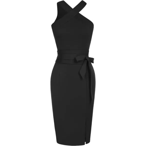 GRACE KARIN Womens Halter Neck Bodycon Dresses Summer Sleeveless Belted Slit Cocktail Midi Sheath Party DressesBlack