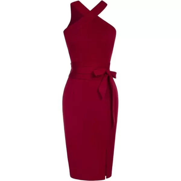 GRACE KARIN Womens Halter Neck Bodycon Dresses Summer Sleeveless Belted Slit Cocktail Midi Sheath Party DressesDark Red