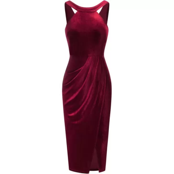 GRACE KARIN Womens Halter Neck Sleeveless Ruched Bodycon Slit Velvet Wrap Party Cocktail Midi DressWinevelvet