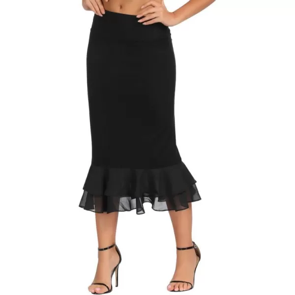 GRACE KARIN Womens Knee Length Underskirt Ruffled Chiffon Dress Skirt Half Slip Extender SXXLBlack