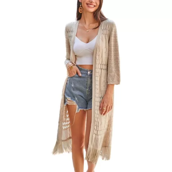 GRACE KARIN Womens Knit Cardigan Crochet Hollow Out Tassel Boho Kimonos Cardigan 2024 Open Front Outwear with Fringe HemApricot